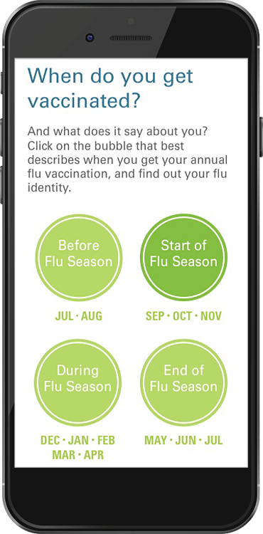 Mobile design of the page, Vaccinations interactive piece: When to get vaccinated
