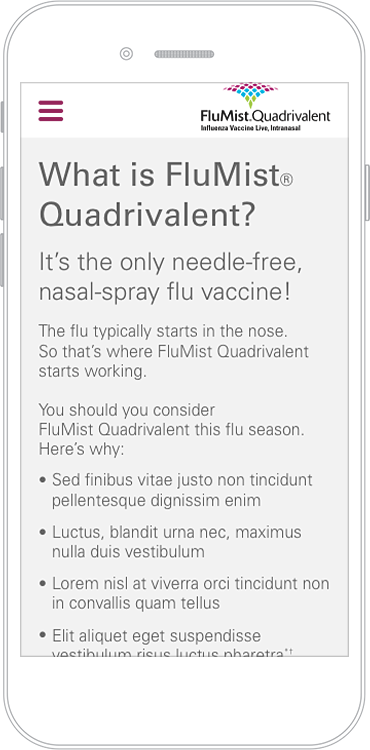 Mobile wireframe of the page, What is FluMist?