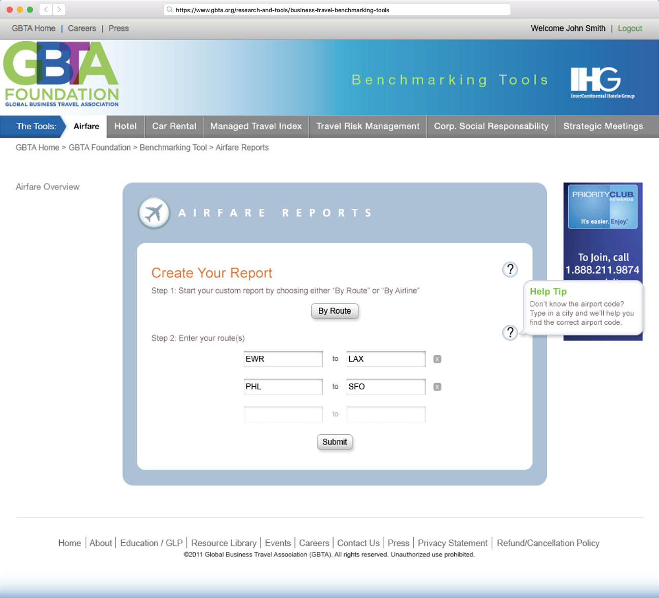 Initial desktop screen of the Airfare Reports page