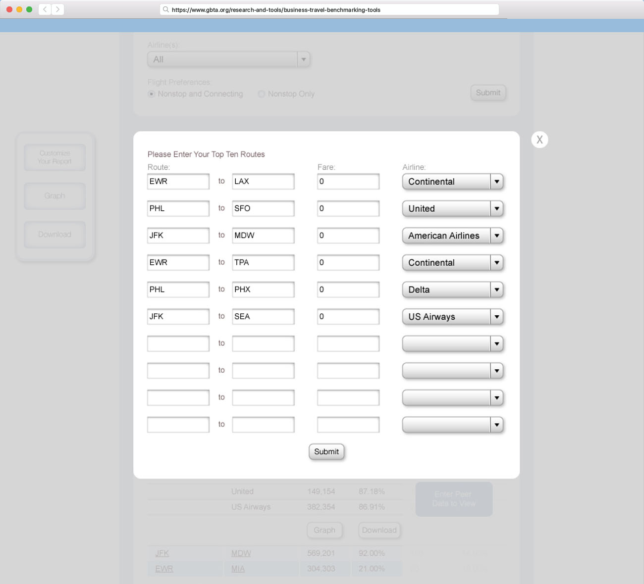 Desktop design of the modal, Airfare Top Ten Flight Routes