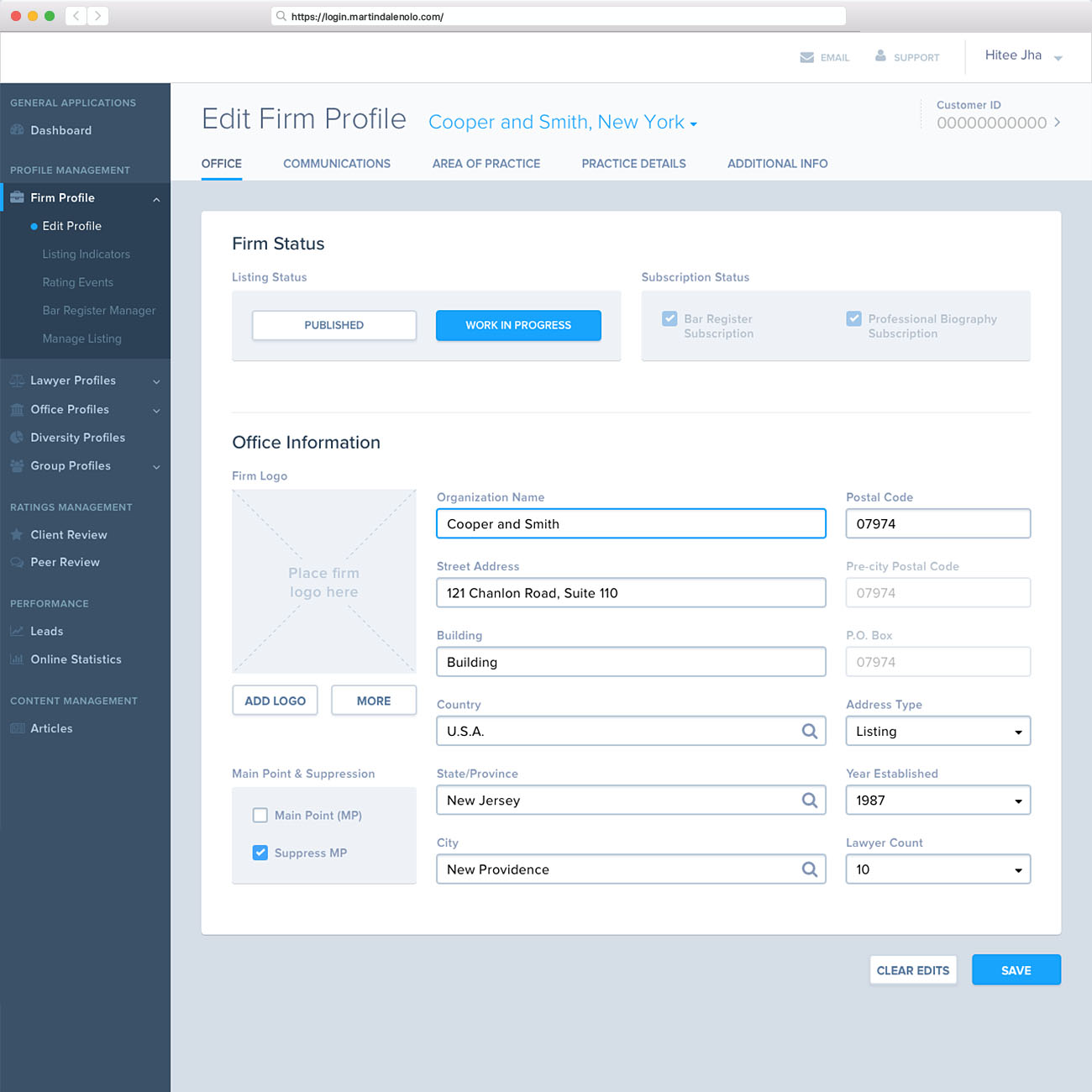 Firm Profile Screen: Office Information