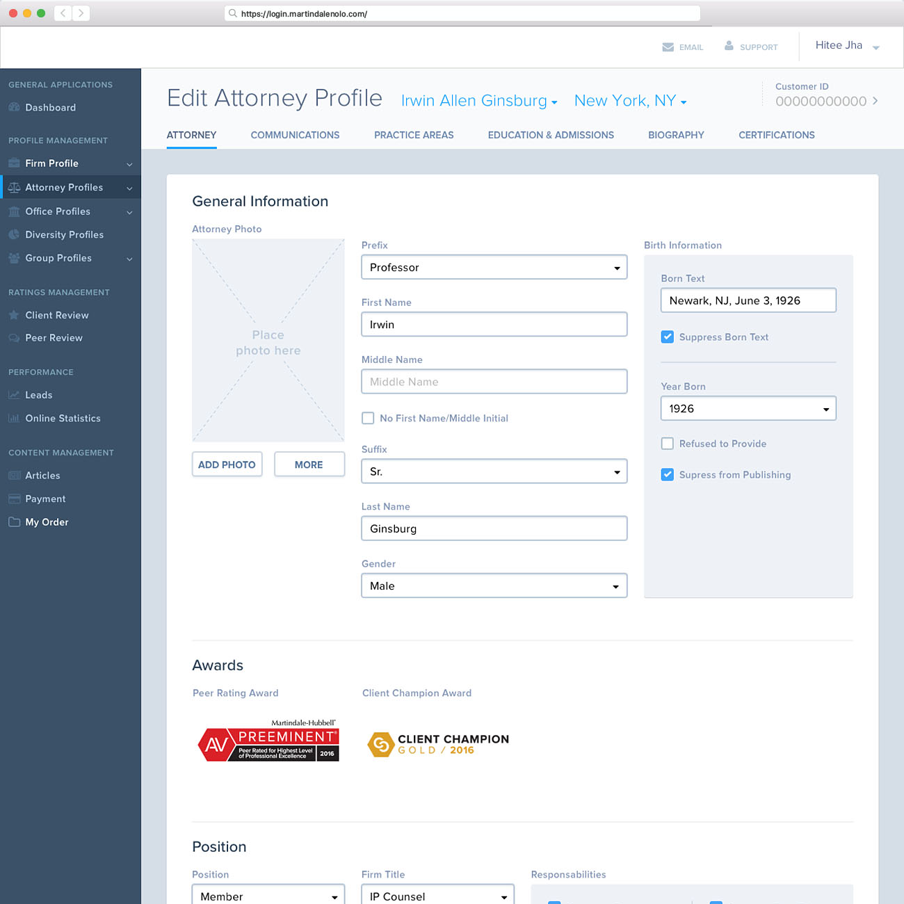Attorney Profile Screen: General Information