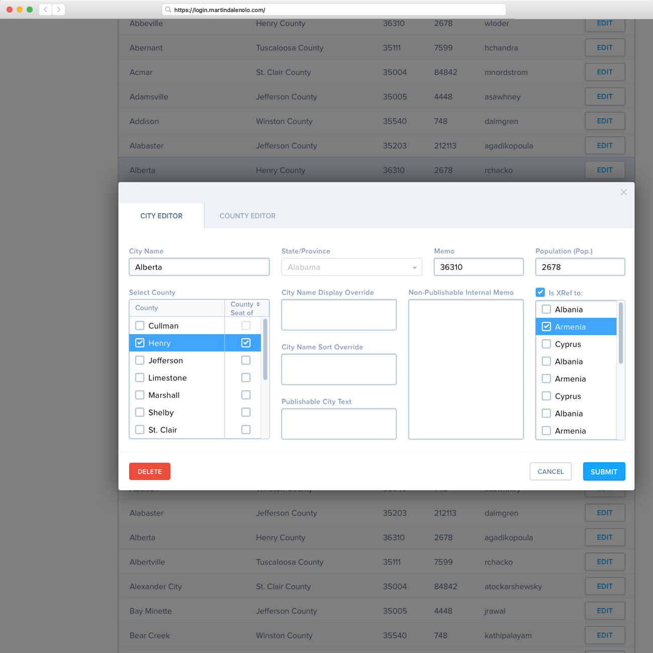 Geo Editor Screen: City Editor Modal
