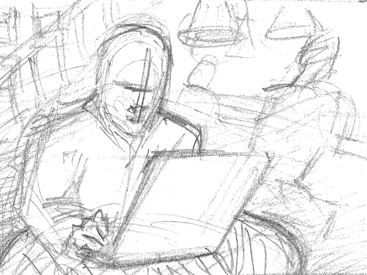 Storyboard sketch of a man using a laptop in a cafe