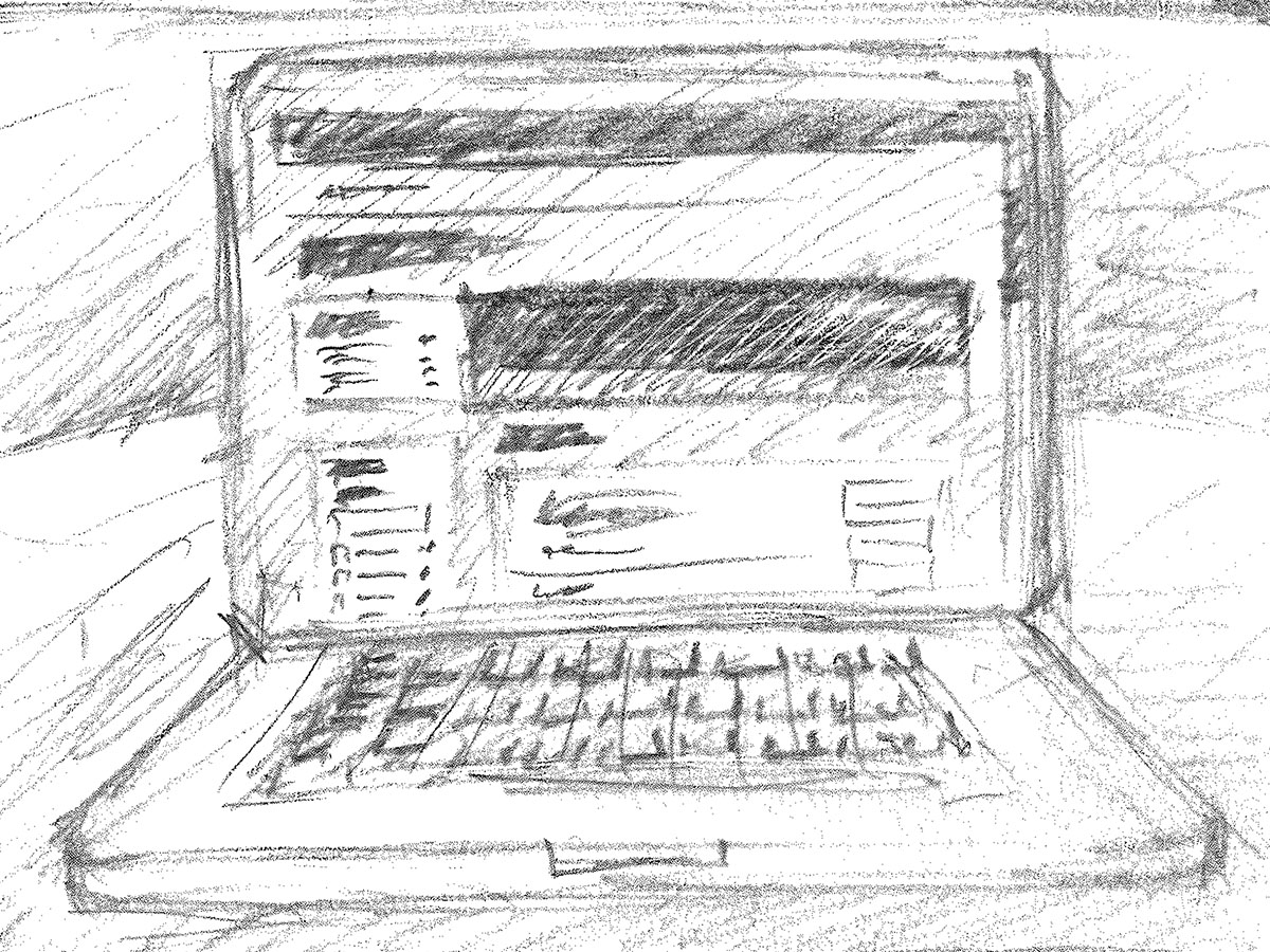 Storyboard sketch of a laptop displaying a page of search listings