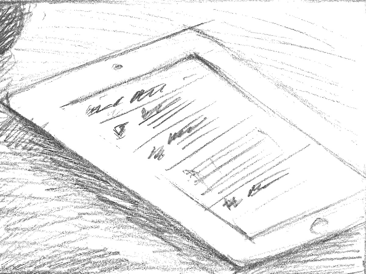 Storyboard sketch cutting to a view of a tablet resting on a table, displaying document content