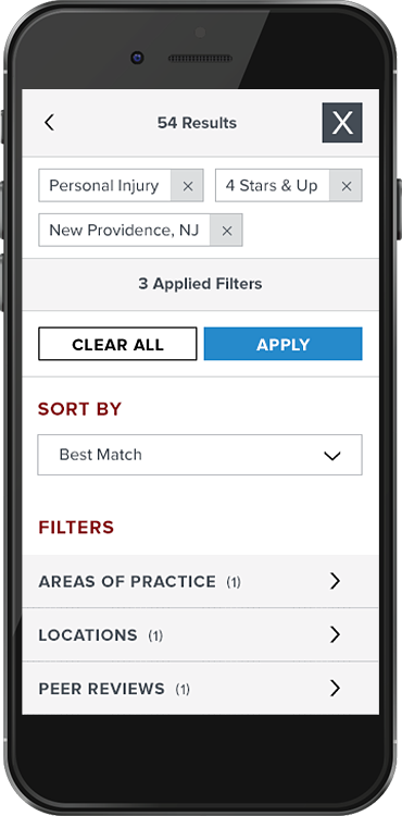 Mobile view of the Search Filters Menu