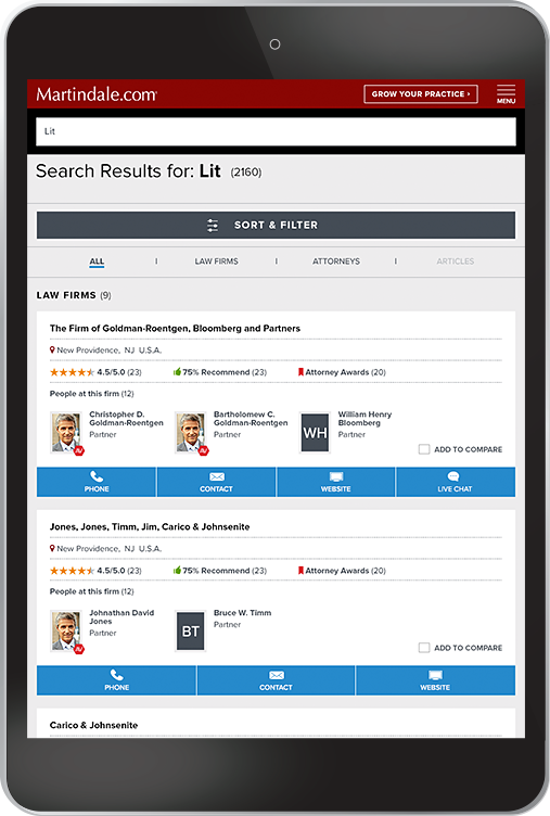 Tablet view of the Search Results