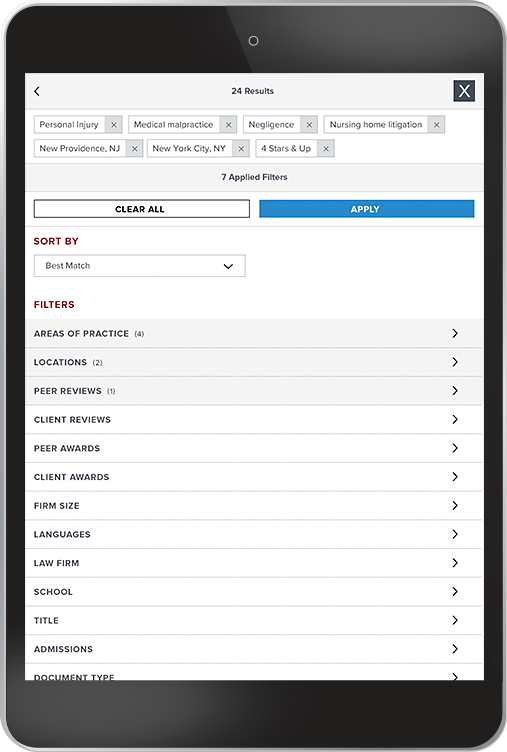 Tablet view of the Search Filters Menu