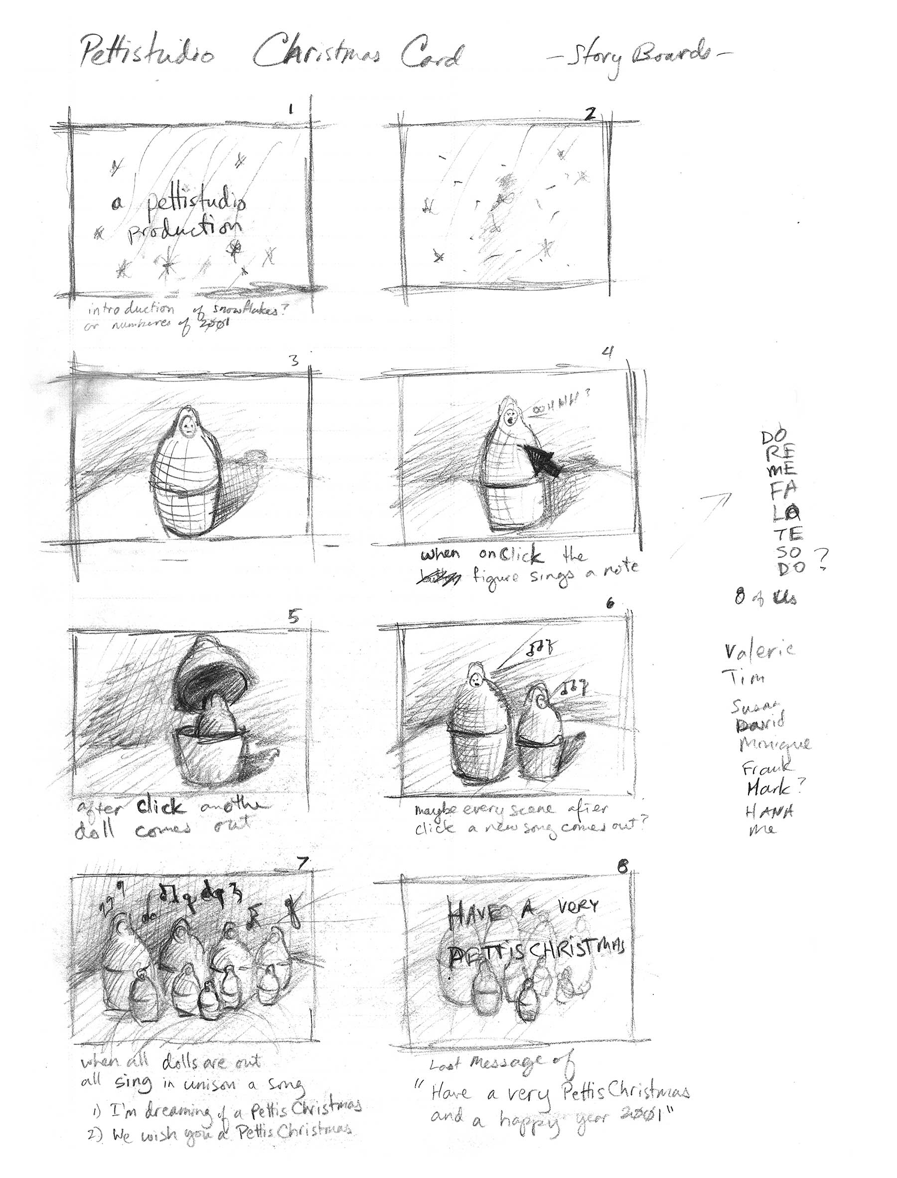 Eight-panel storyboard showing matryoshka dolls appearing one by one and singing together, ending with the message 'Have a Very Pettis Christmas'