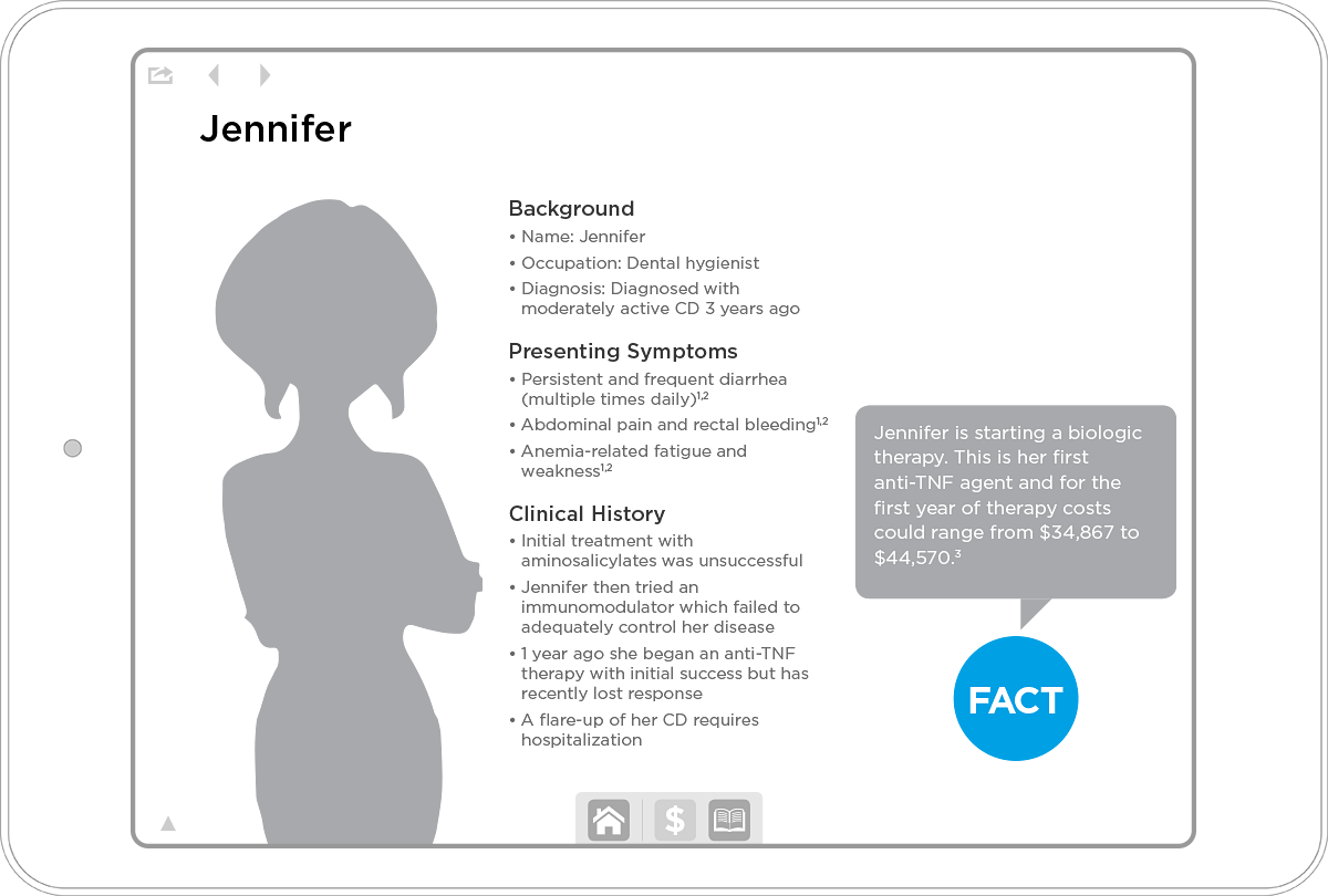Wireframe screen showing Jennifer’s background, symptoms, and clinical history, with a cost fact about starting biologic therapy